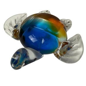 Dynasty Gallery Hand-blown Glass Sea Turtle Blue/Yellow/Clear 7”x7”Paperweight
